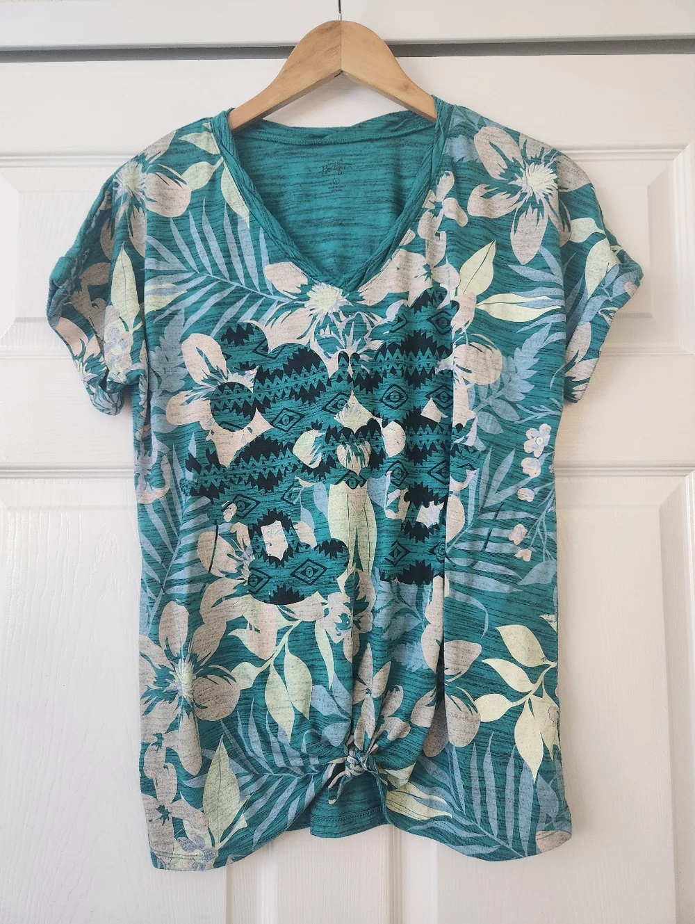 Disney Teal Floral V-Neck Knot Front Short Sleeve Tee - Women's Large - Picture 1 of 7